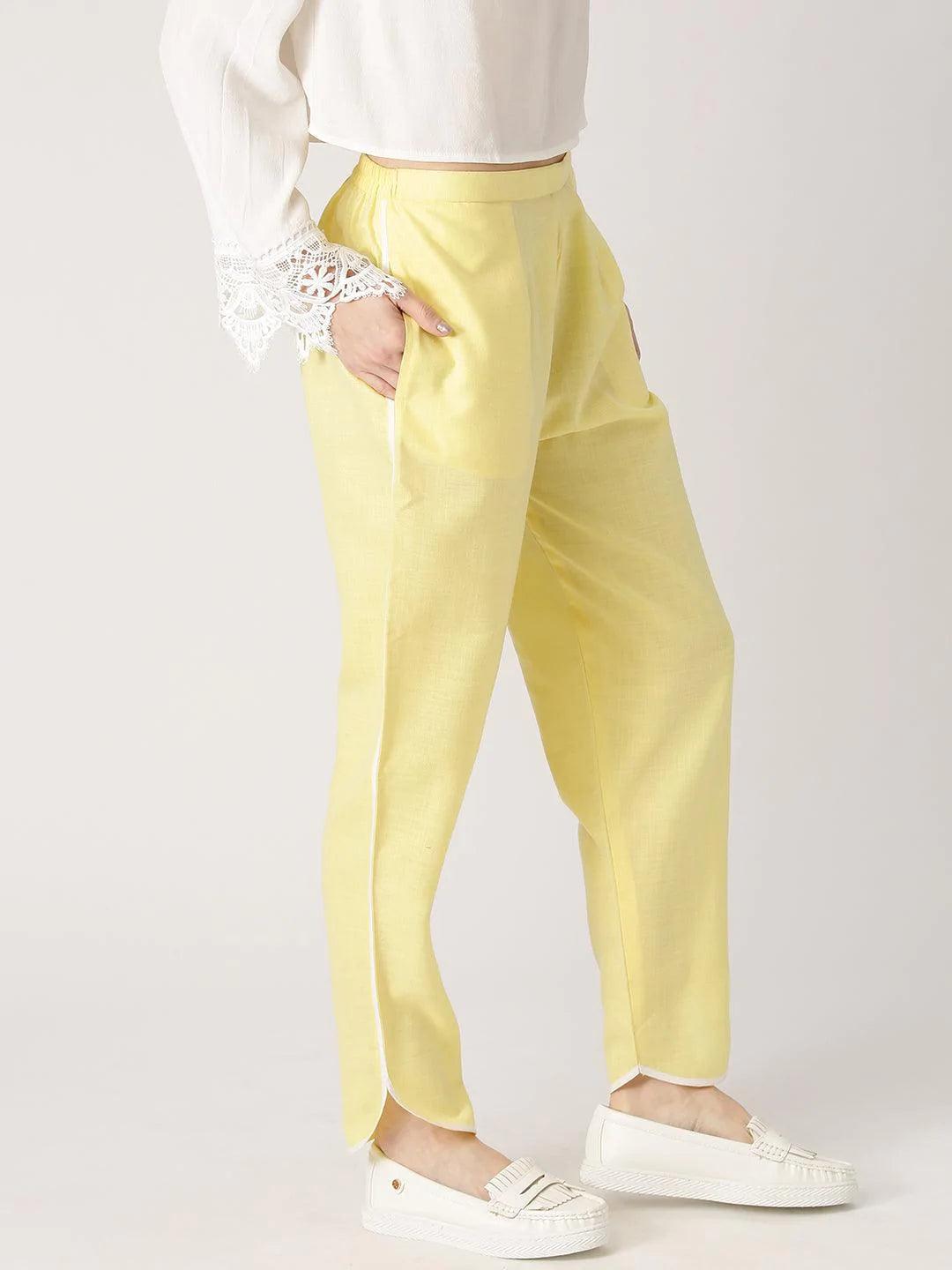 Yellow Solid Cotton Trousers - ShopLibas