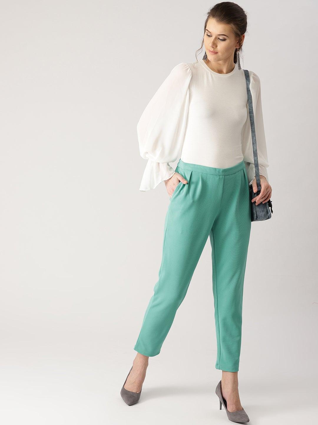 Green Solid Polyester Trousers - ShopLibas