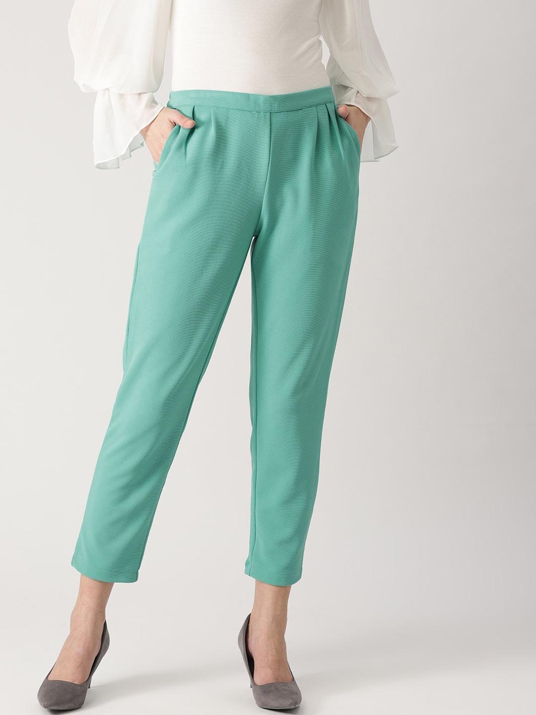 Green Solid Polyester Trousers - ShopLibas