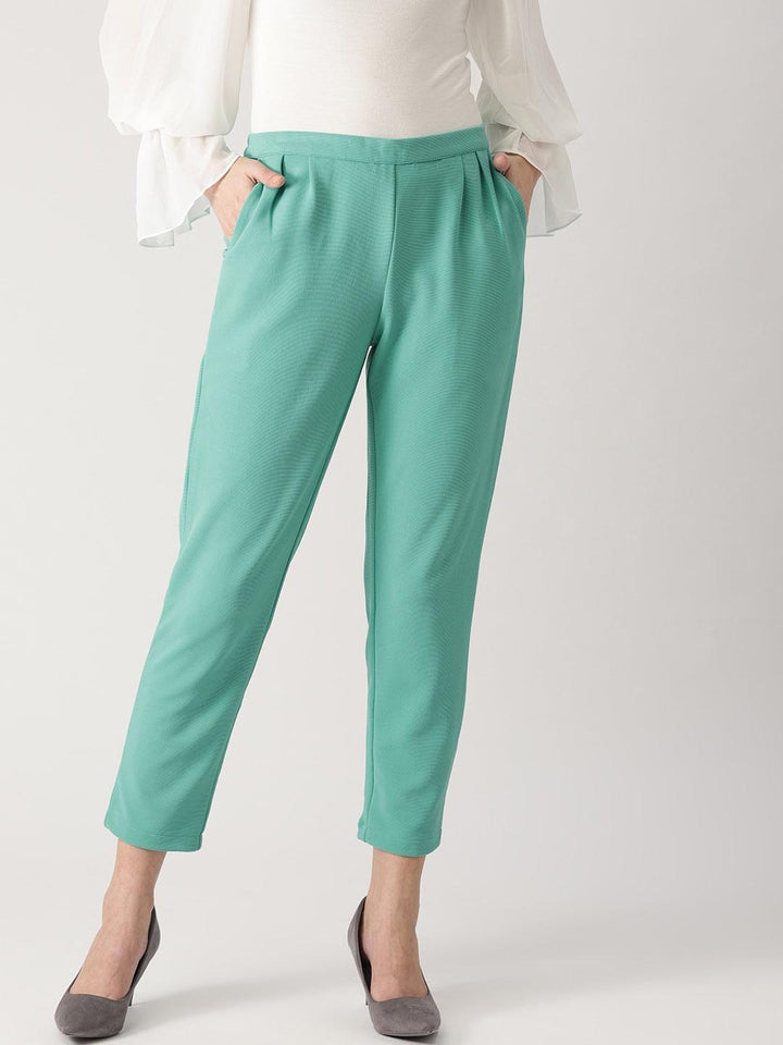 Green Solid Polyester Trousers