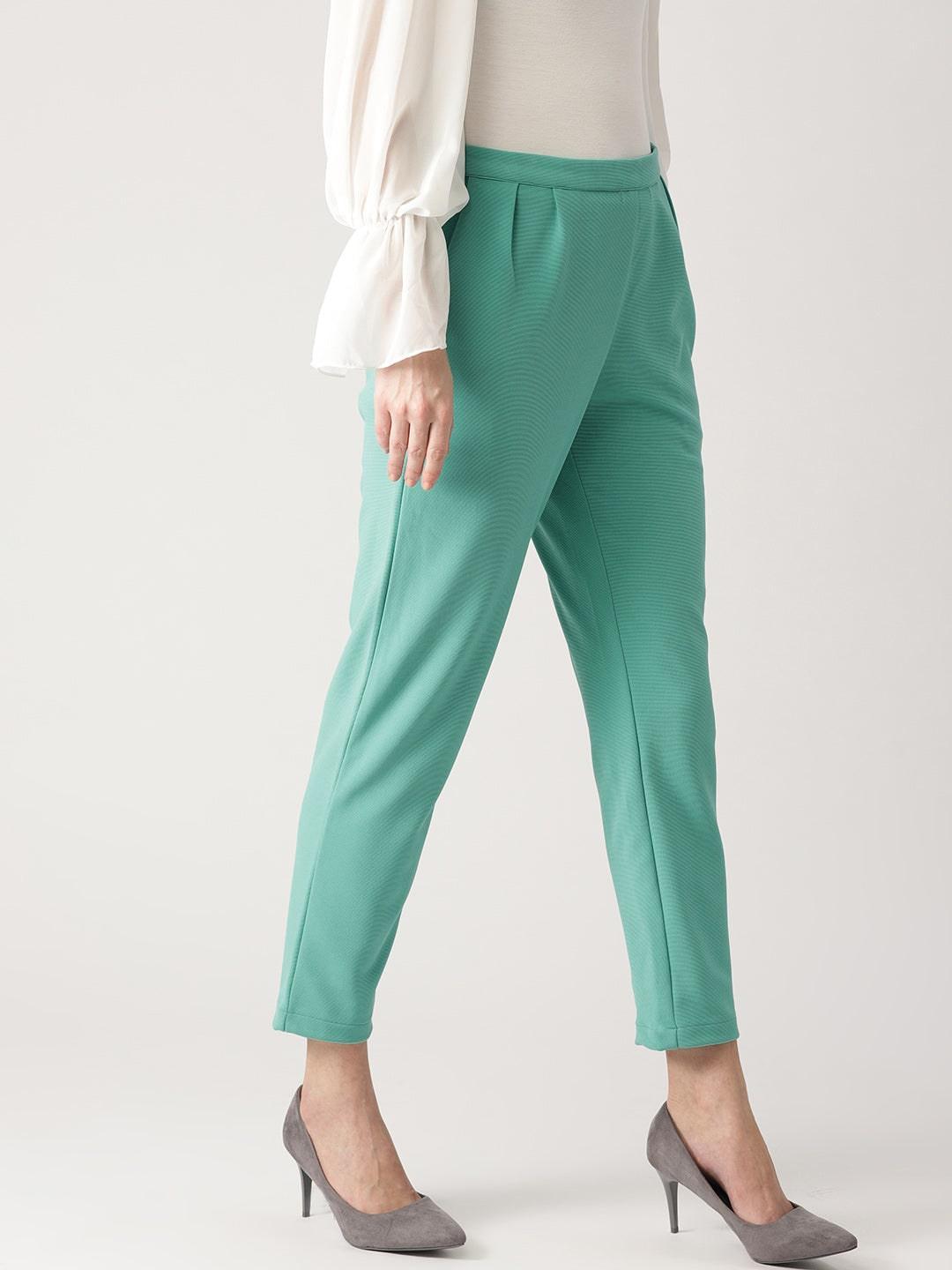 Green Solid Polyester Trousers - ShopLibas