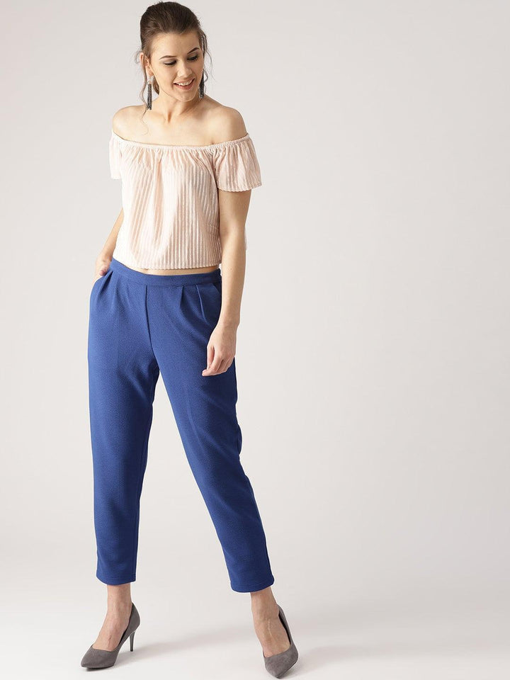 Blue Solid Polyester Trousers