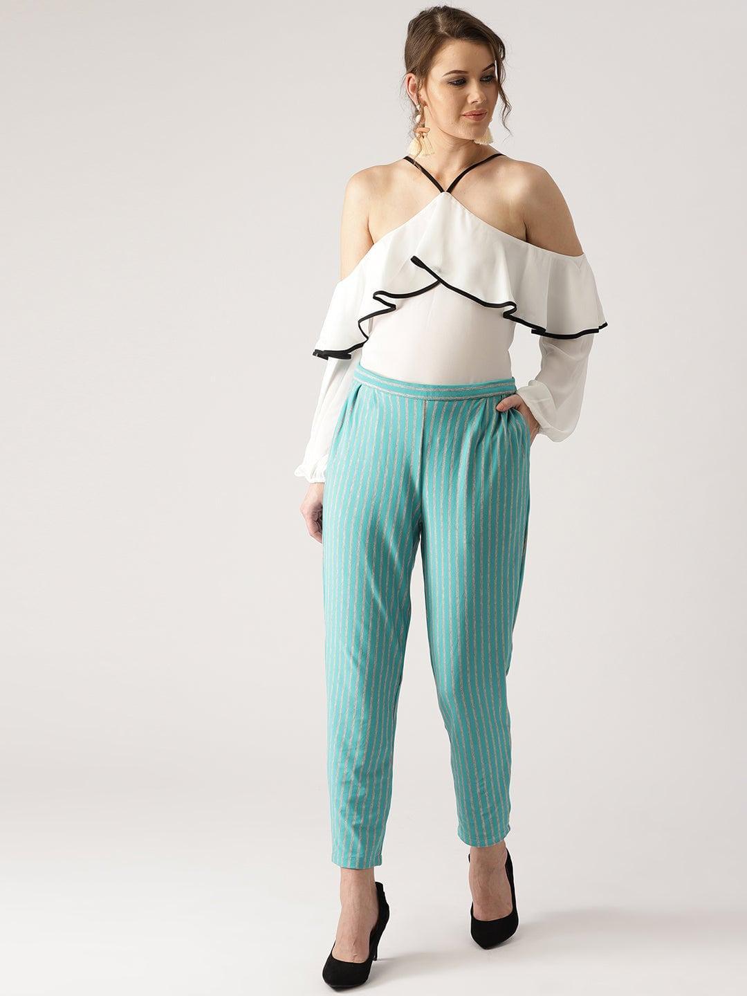 Blue Striped Polyester Trousers - ShopLibas