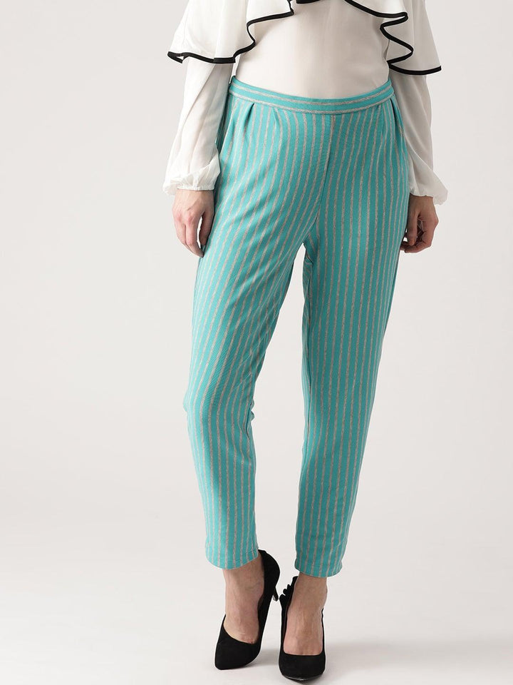 Blue Striped Polyester Trousers