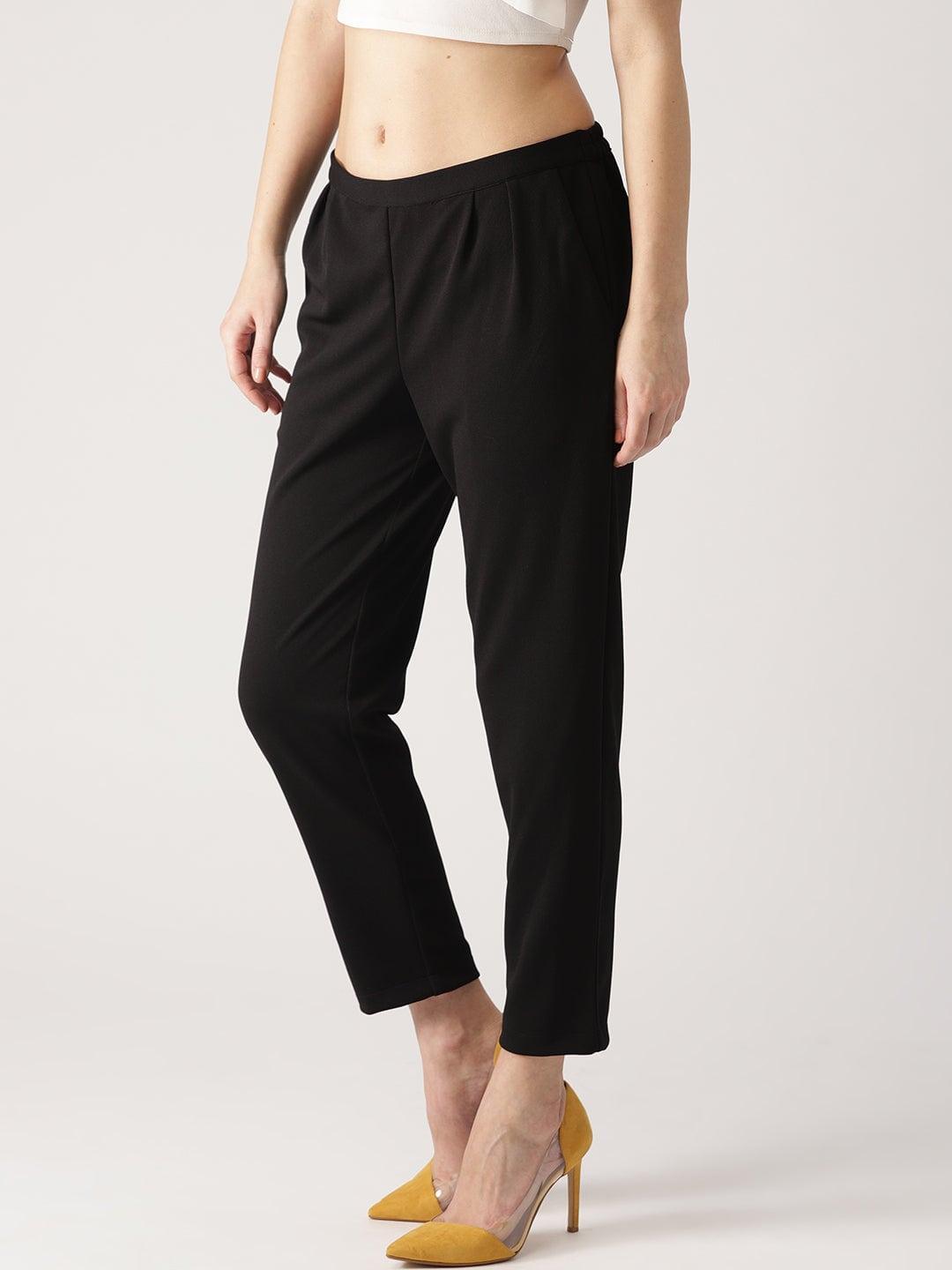 Black Solid Polyester Trousers - ShopLibas