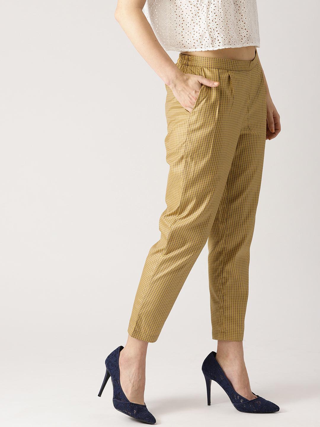 Beige Checkered Polyester Trousers - ShopLibas