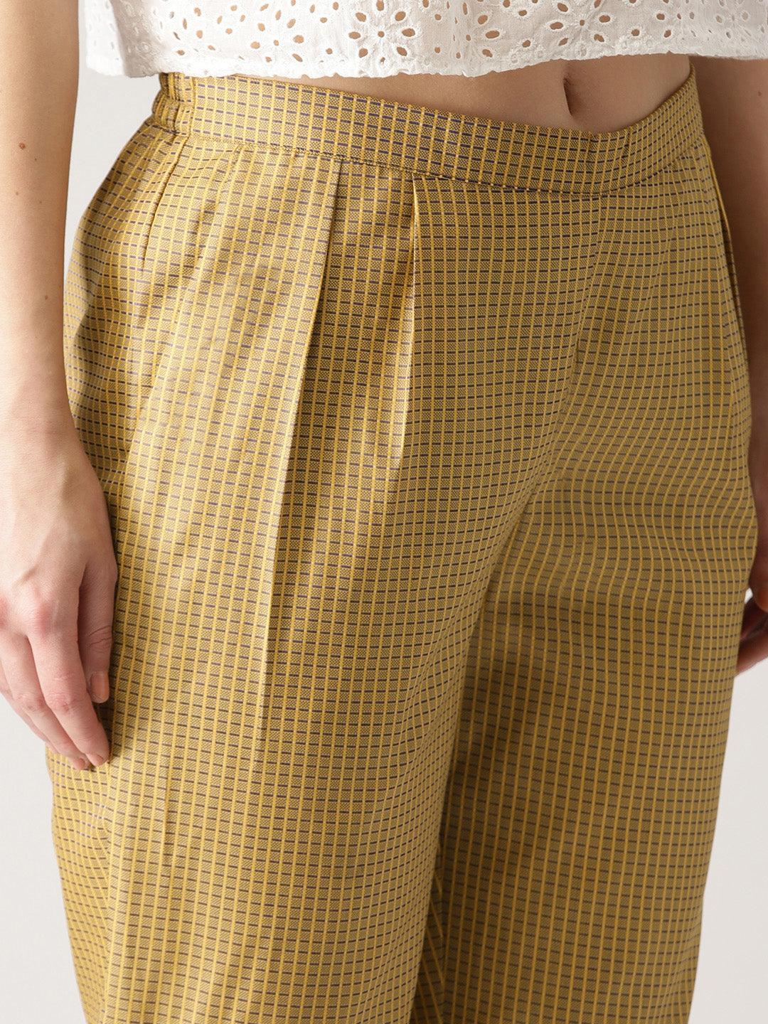 Beige Checkered Polyester Trousers - ShopLibas