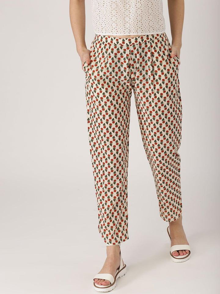 White Printed Cotton Trousers