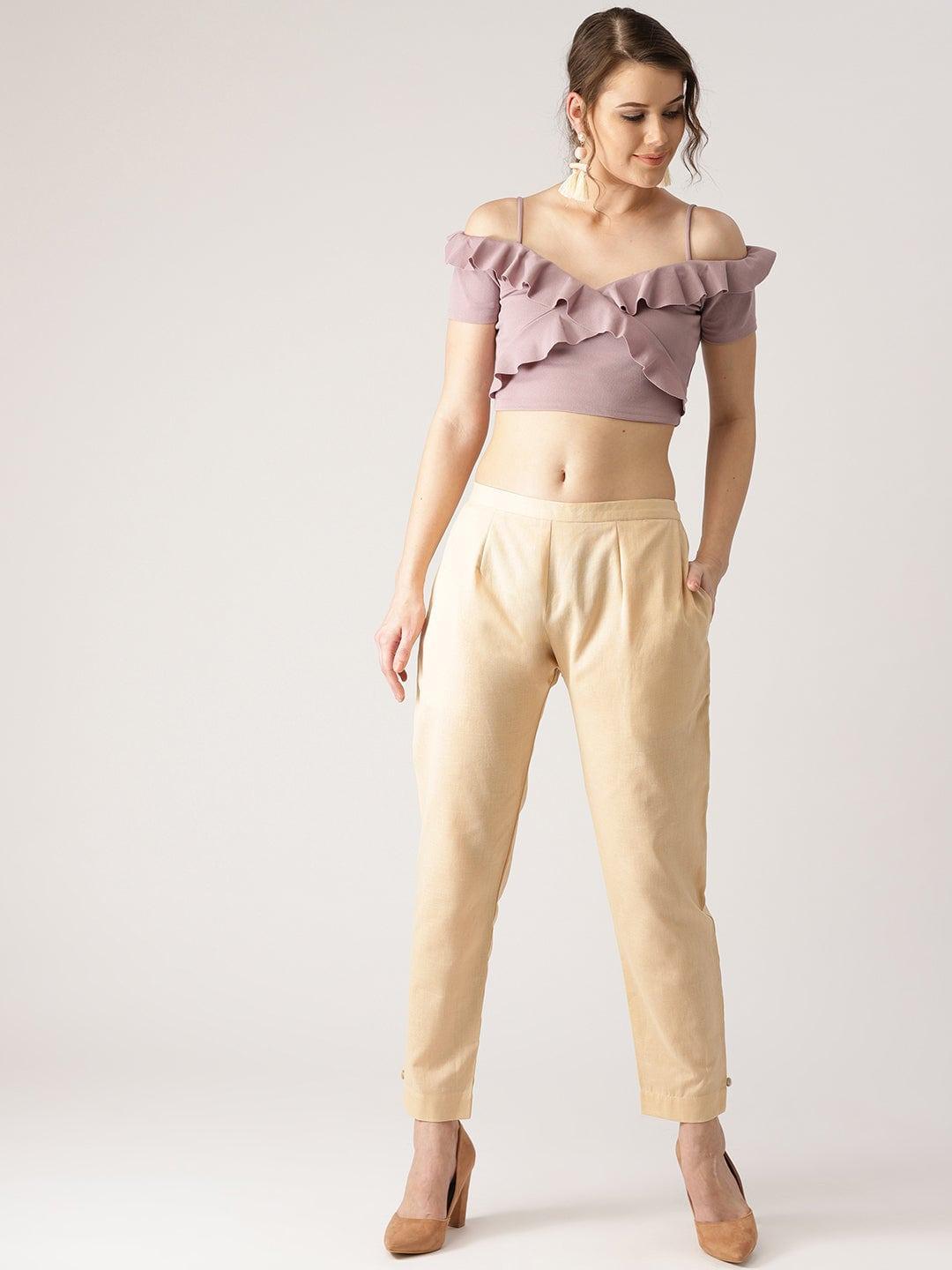 Beige Solid Cotton Trousers - ShopLibas