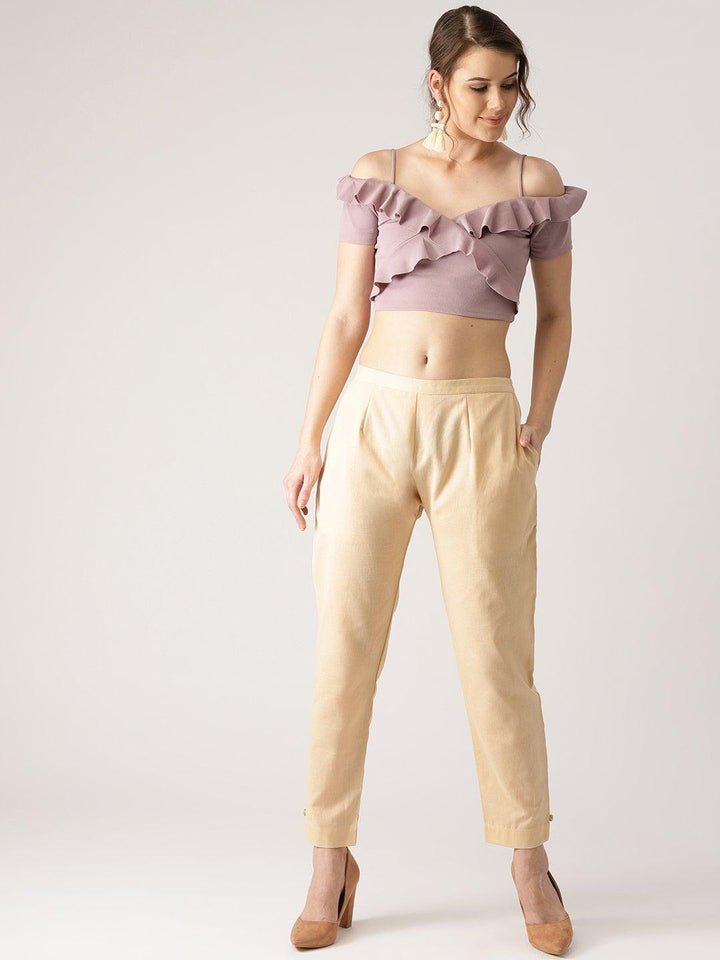 Beige Solid Cotton Trousers