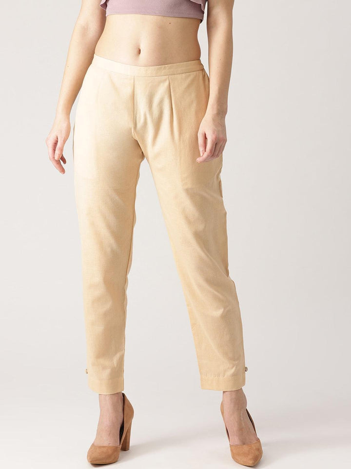 Beige Solid Cotton Trousers