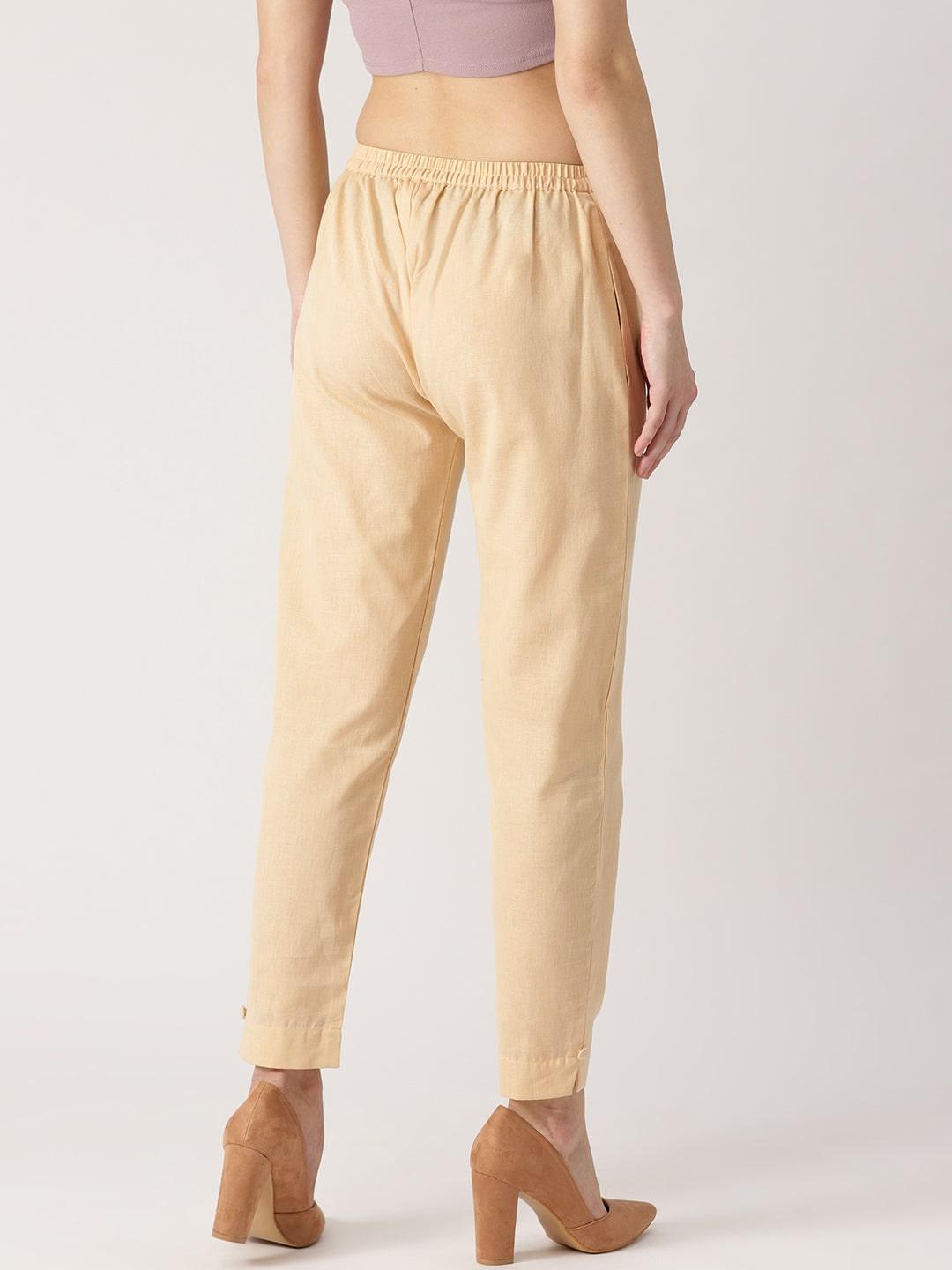 Beige Solid Cotton Trousers - ShopLibas