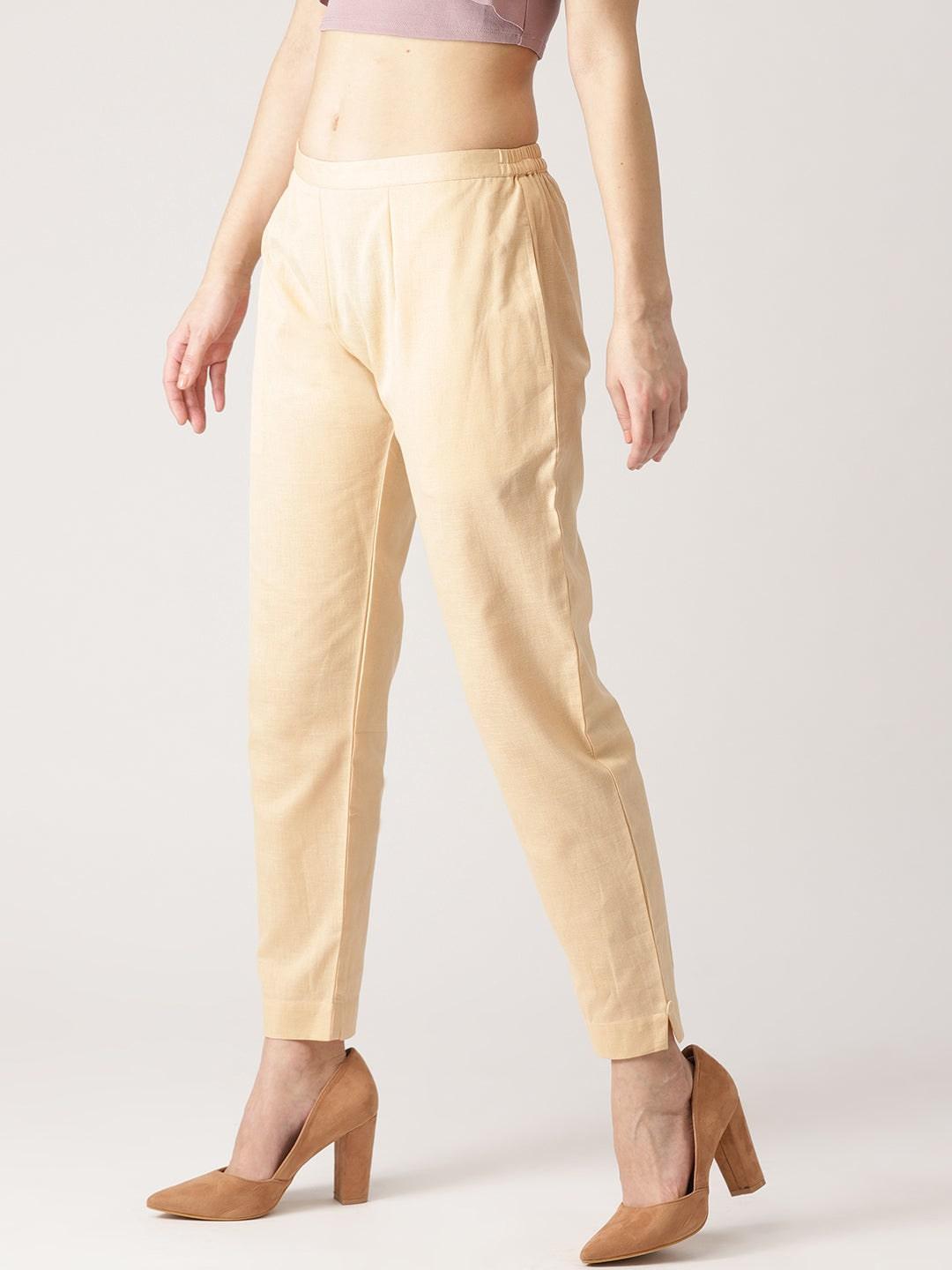 Beige Solid Cotton Trousers - ShopLibas