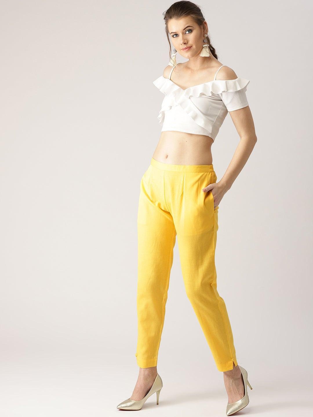 Yellow Solid Cotton Trousers - ShopLibas