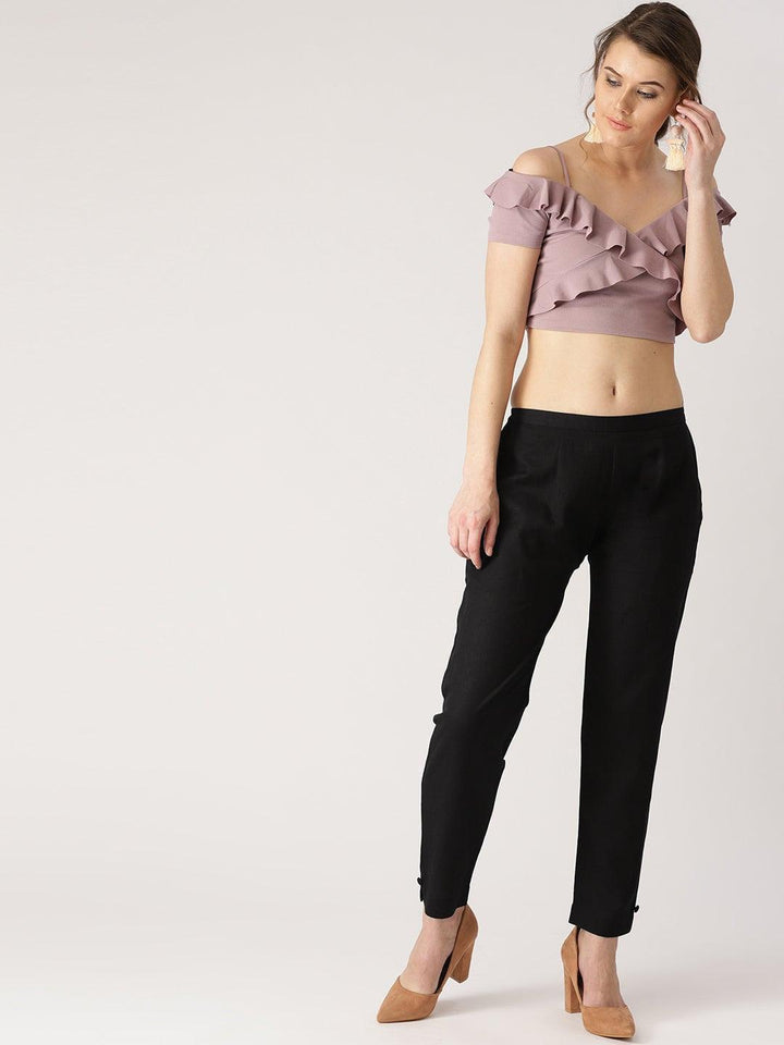 Black Solid Cotton Trousers