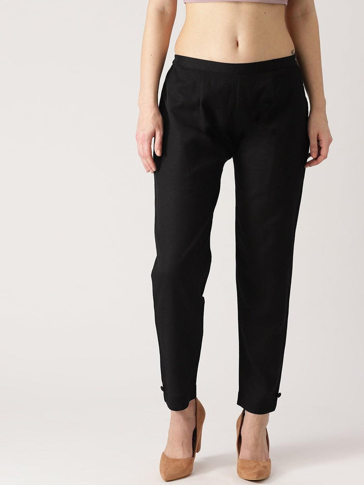 Black Solid Cotton Trousers
