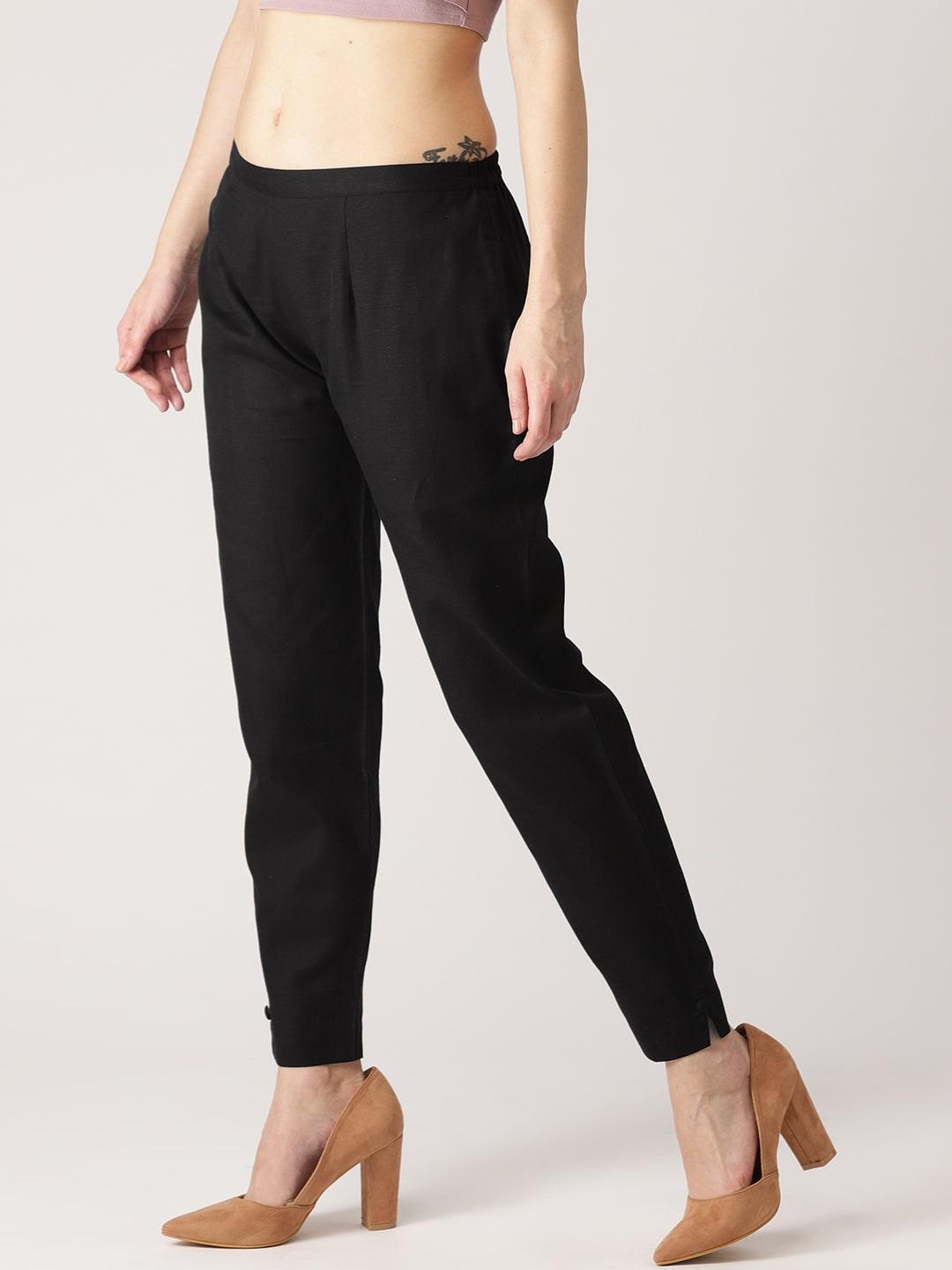 Black Solid Cotton Trousers - ShopLibas