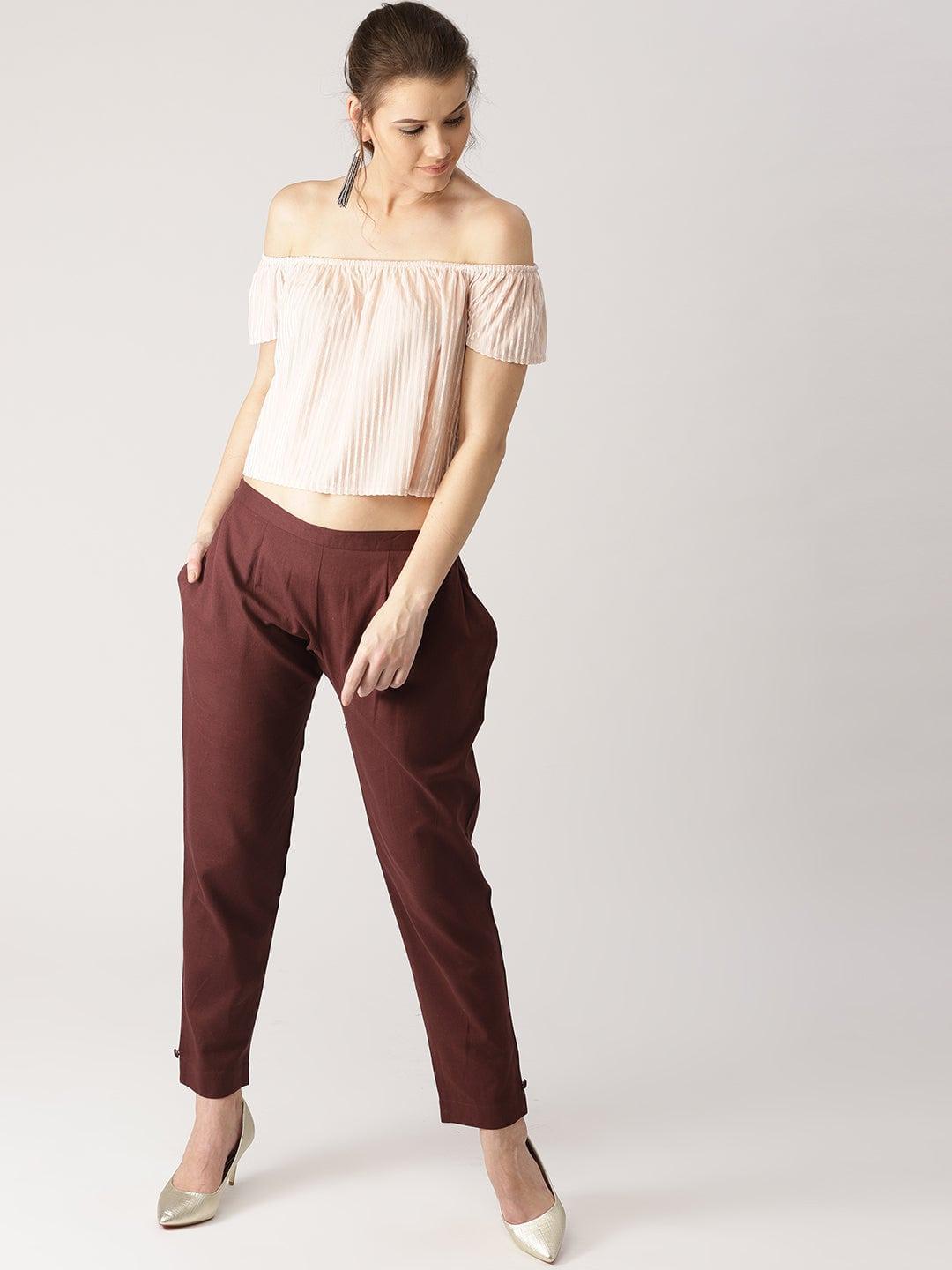 Brown Solid Cotton Trousers - ShopLibas