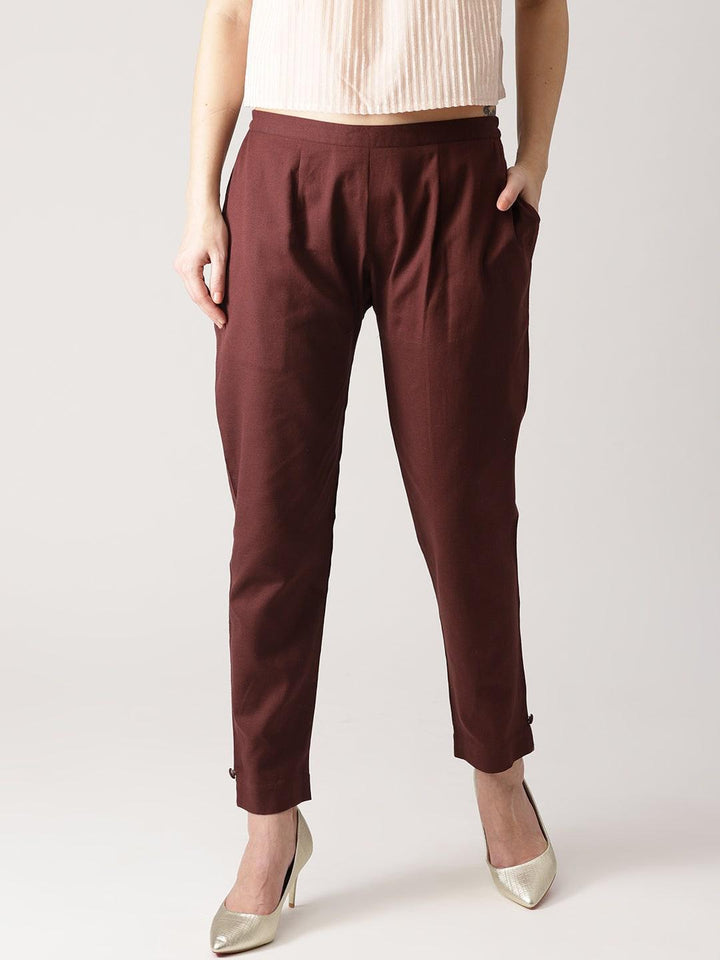 Brown Solid Cotton Trousers