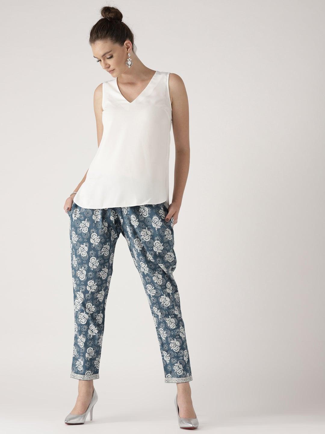 Blue Printed Cotton Trousers - ShopLibas