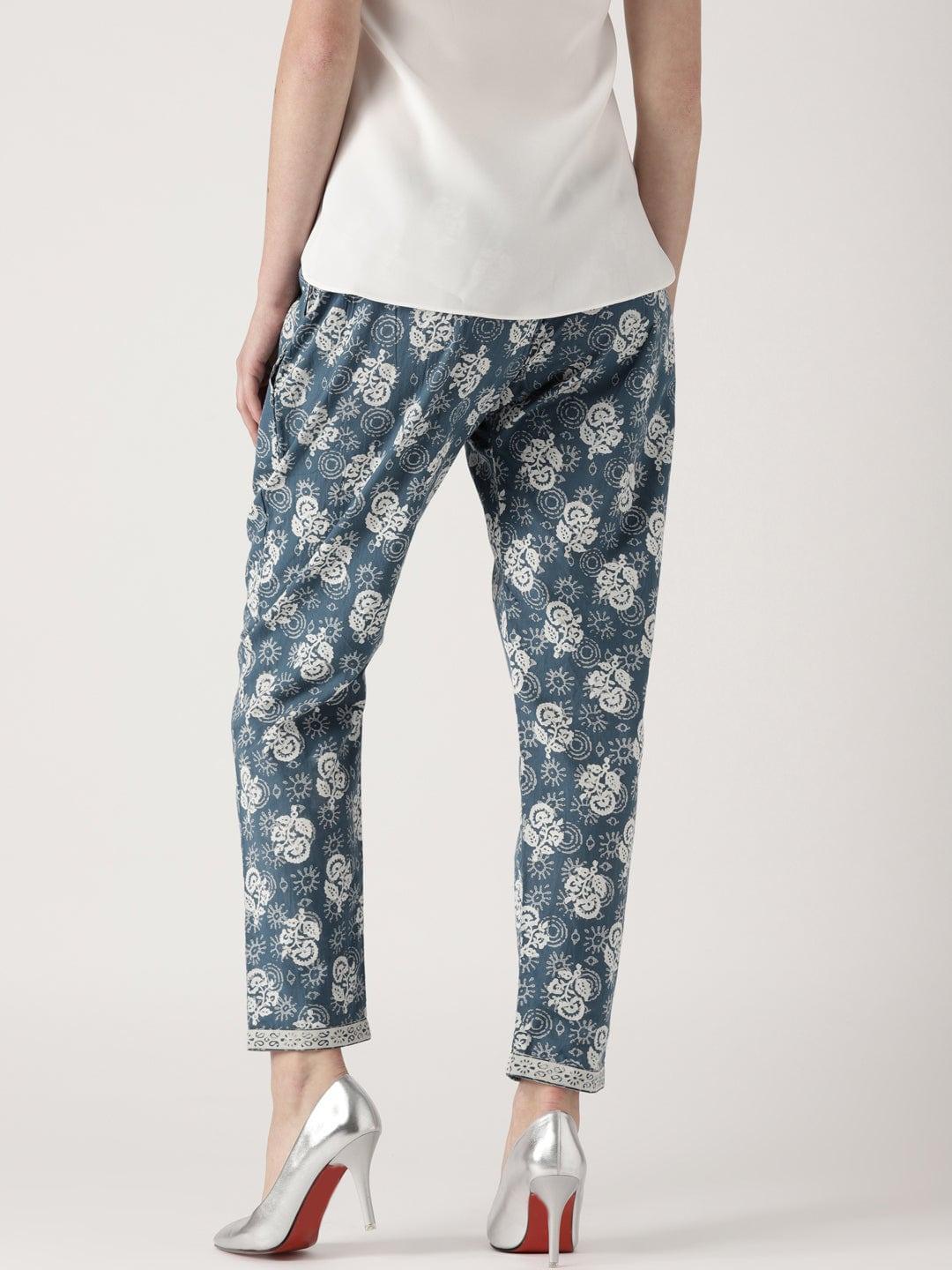 Blue Printed Cotton Trousers - ShopLibas
