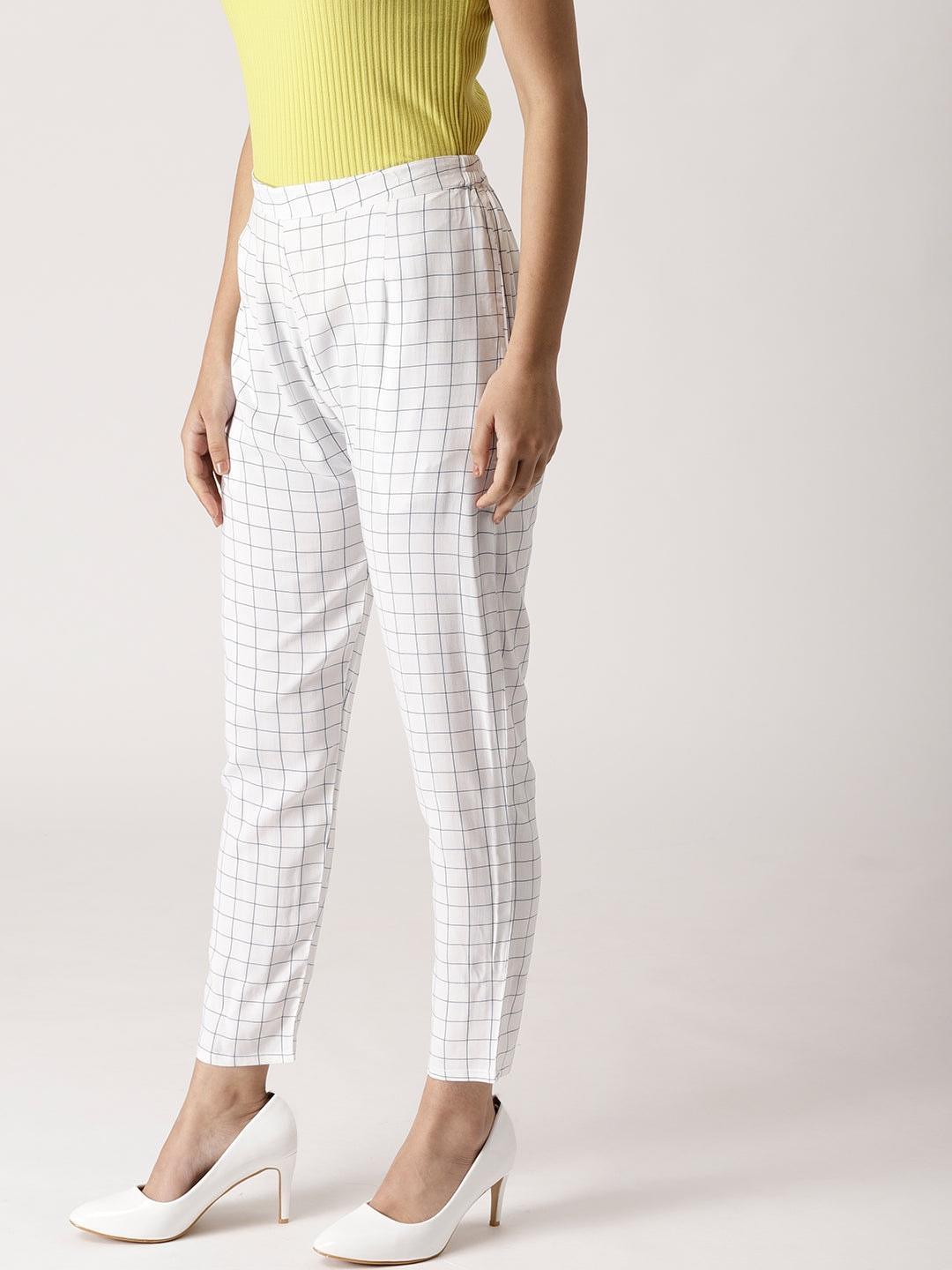White Checkered Rayon Trousers - ShopLibas