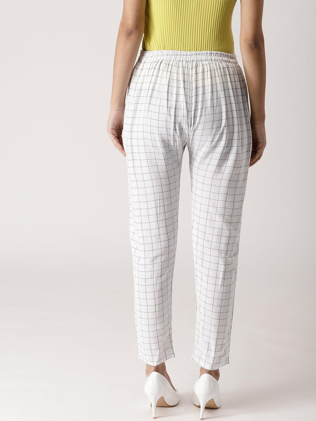White Checkered Rayon Trousers - ShopLibas