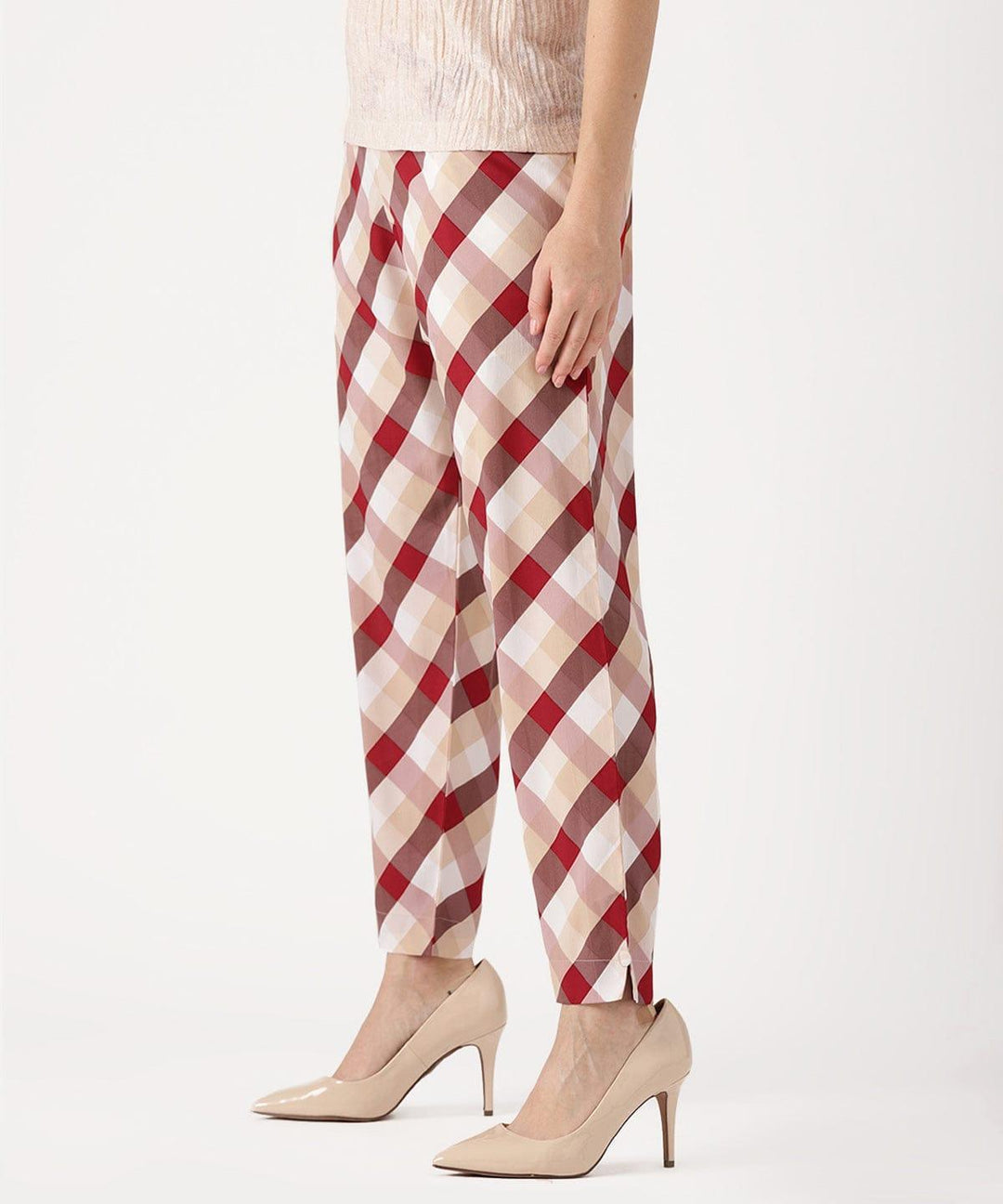 White Checkered Polyester Trousers - ShopLibas