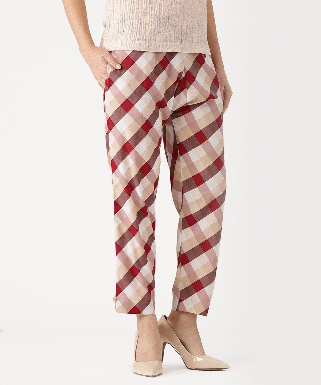 White Checkered Polyester Trousers - ShopLibas