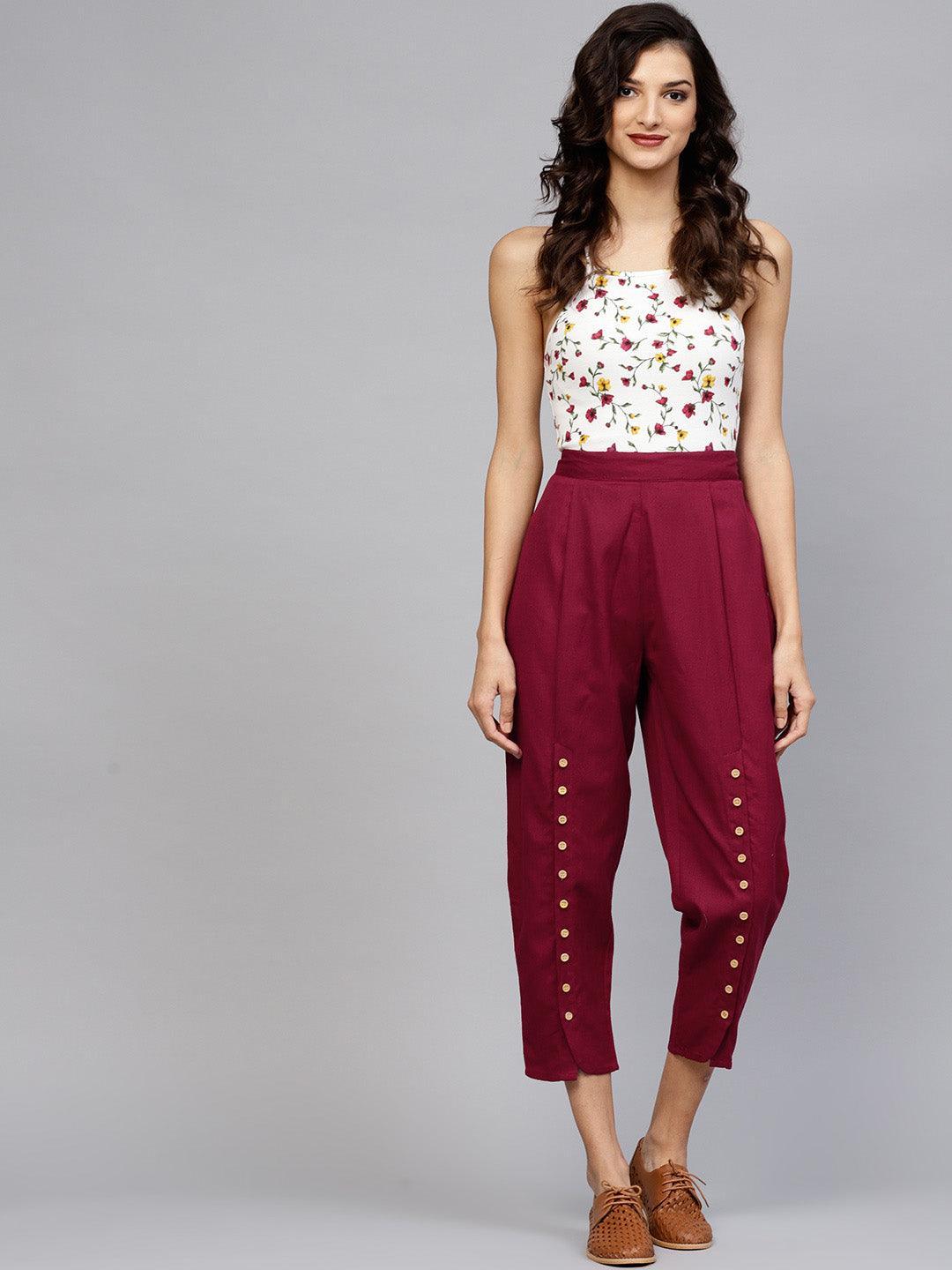 Maroon Solid Cotton Trousers - ShopLibas