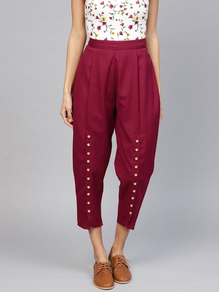 Maroon Solid Cotton Trousers