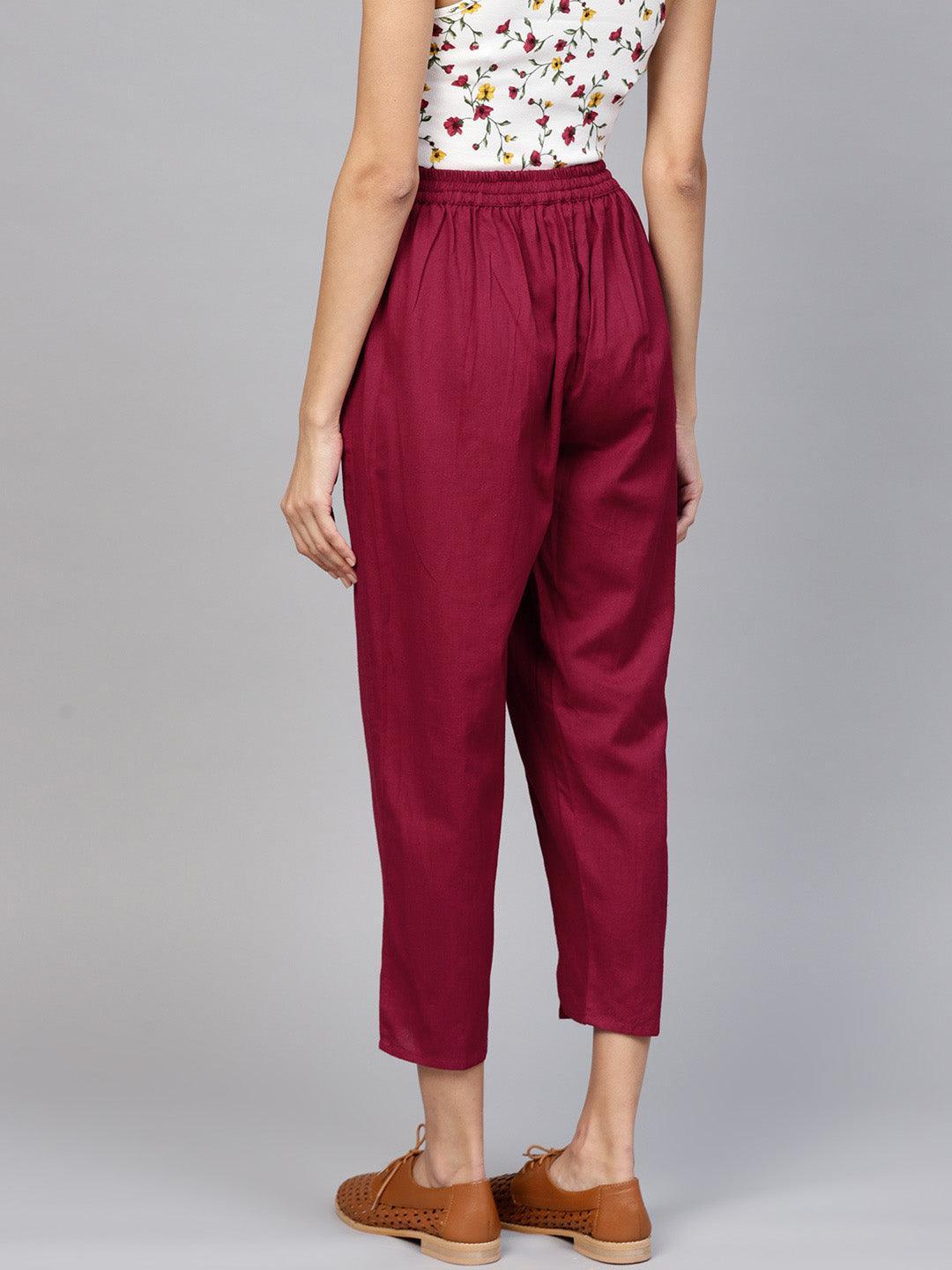 Maroon Solid Cotton Trousers - ShopLibas