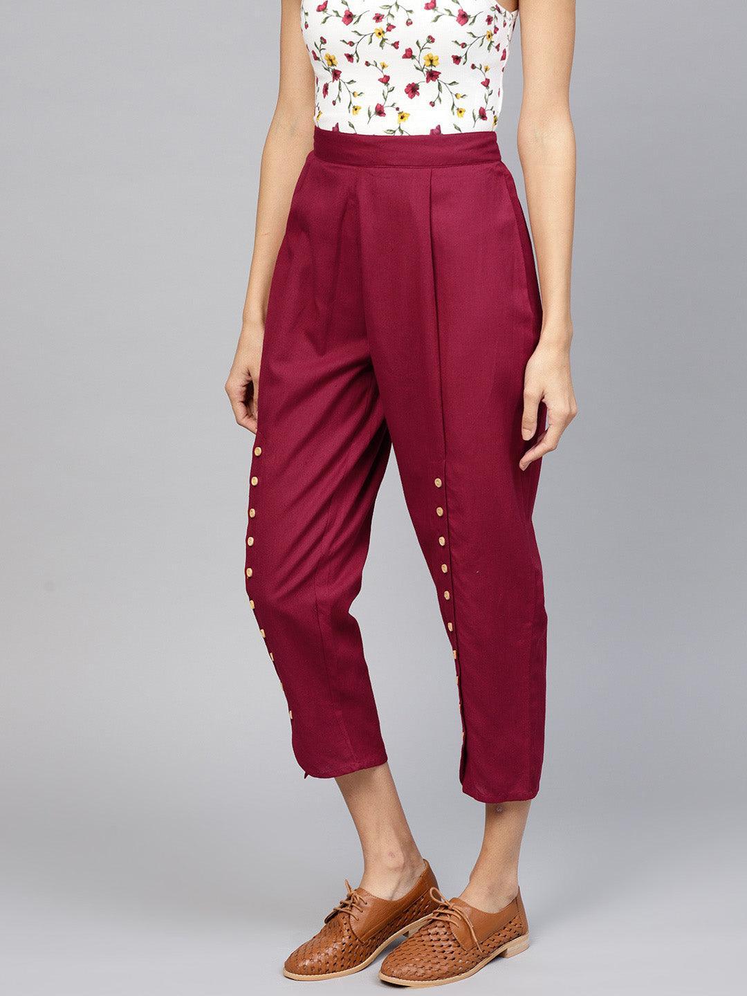 Maroon Solid Cotton Trousers - ShopLibas