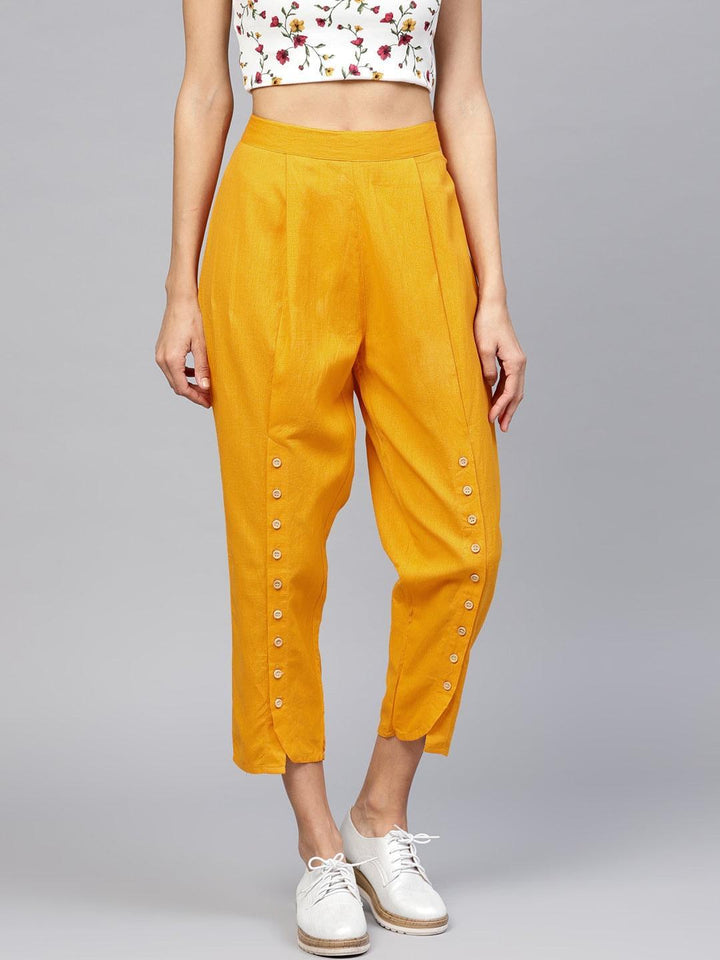 Yellow Solid Cotton Trousers