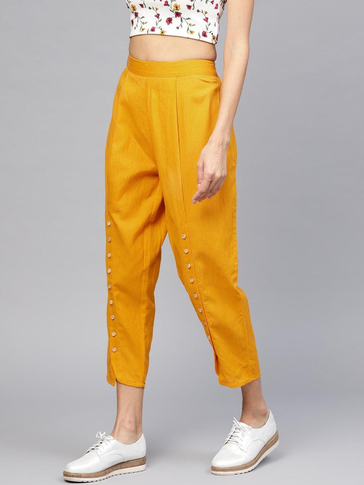 Yellow Solid Cotton Trousers