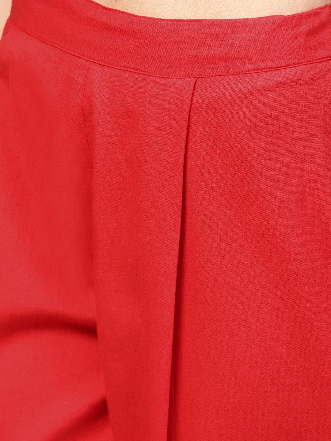 Red Solid Cotton Trousers - ShopLibas
