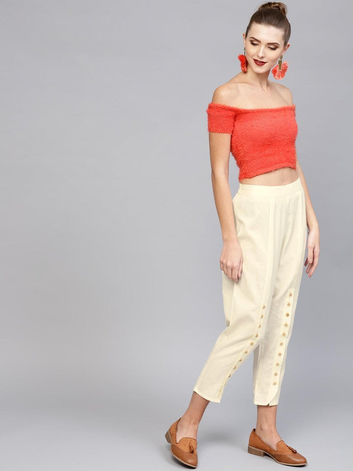 White Solid Cotton Trousers