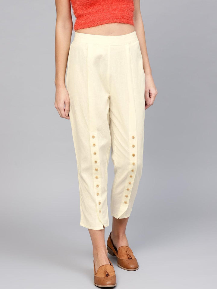 White Solid Cotton Trousers