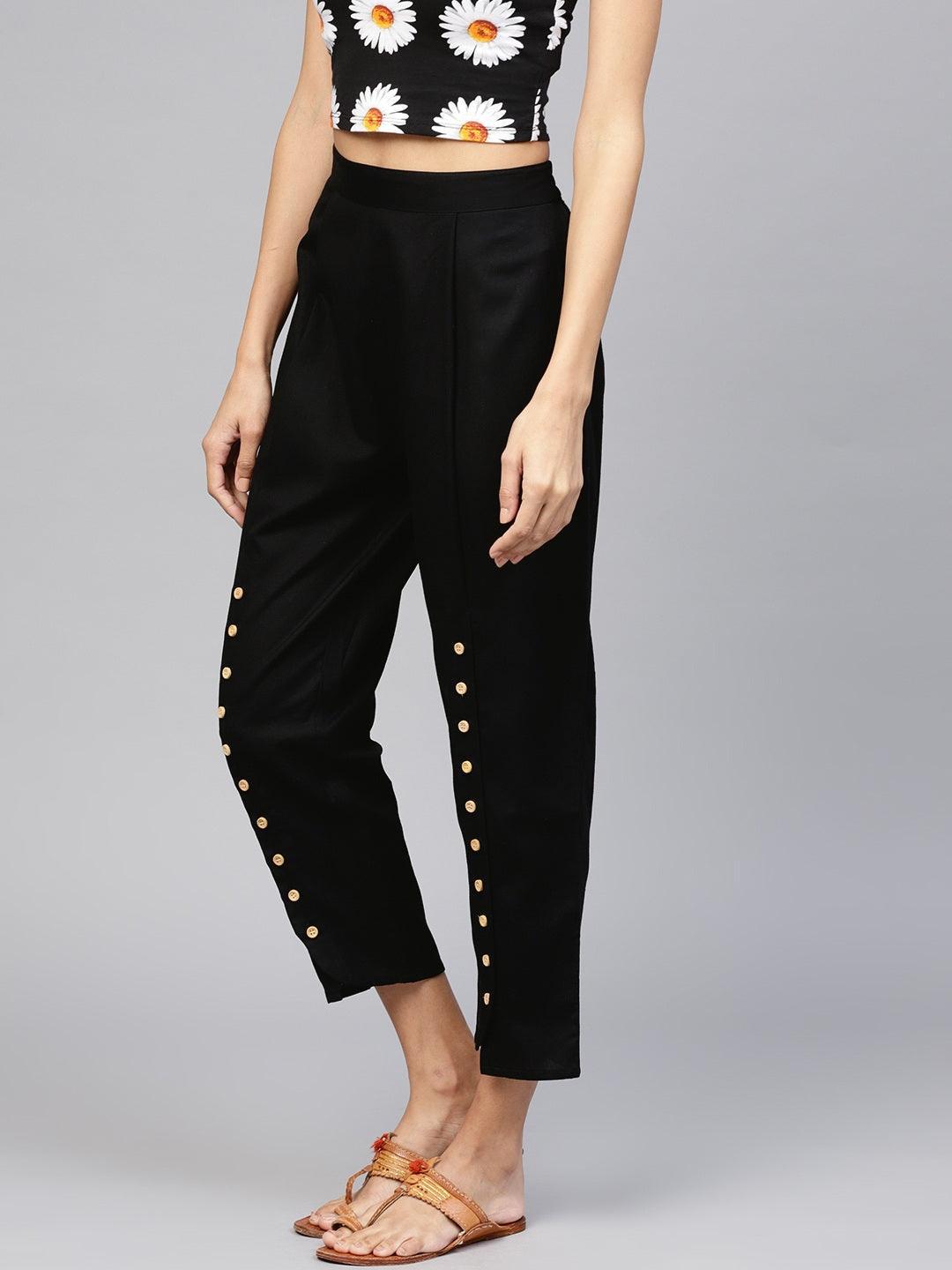 Black Solid Cotton Trousers - ShopLibas
