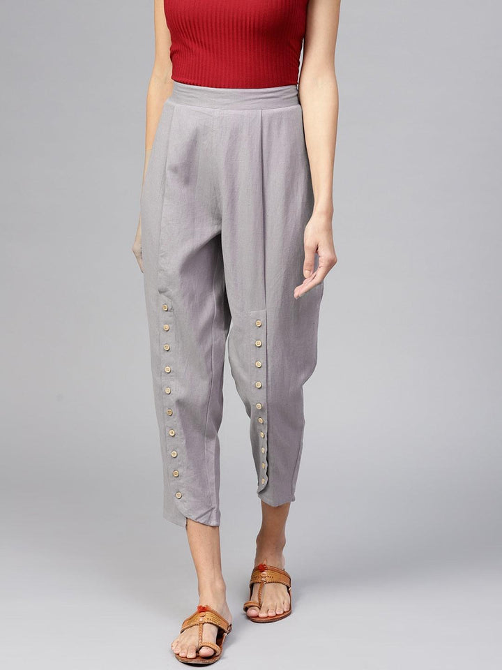 Grey Solid Cotton Trousers