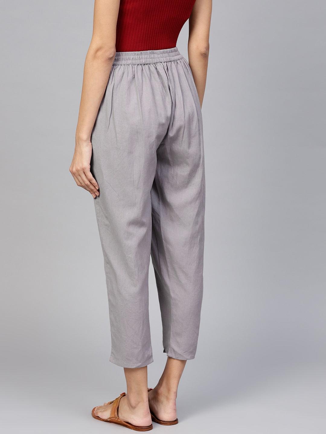 Grey Solid Cotton Trousers - ShopLibas