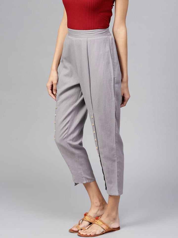 Grey Solid Cotton Trousers