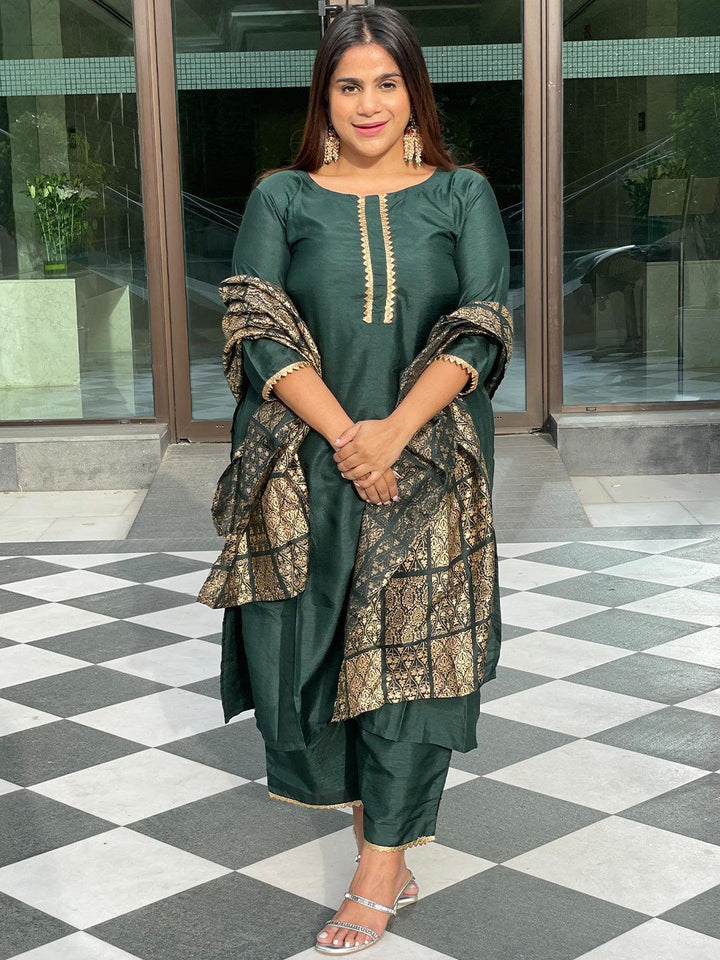 Plus Size Green Solid Chanderi Suit Set