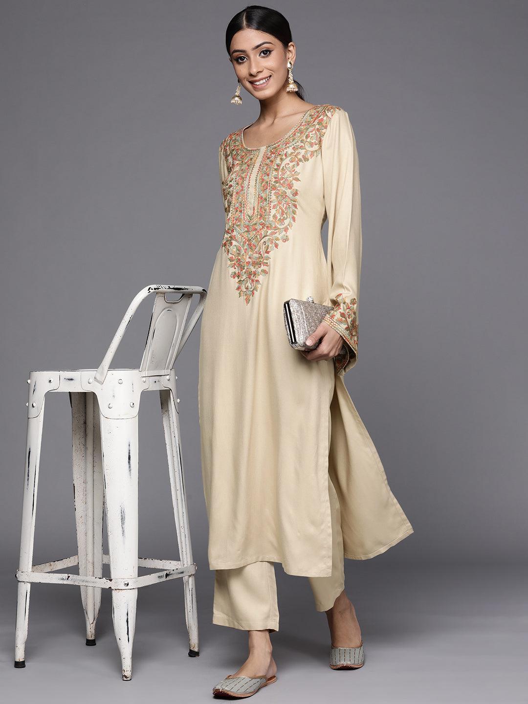 Beige Solid Pashmina Wool Trousers - ShopLibas
