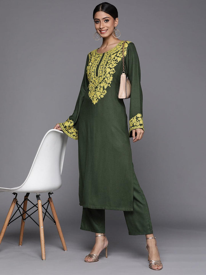 Green Solid Pashmina Wool Trousers