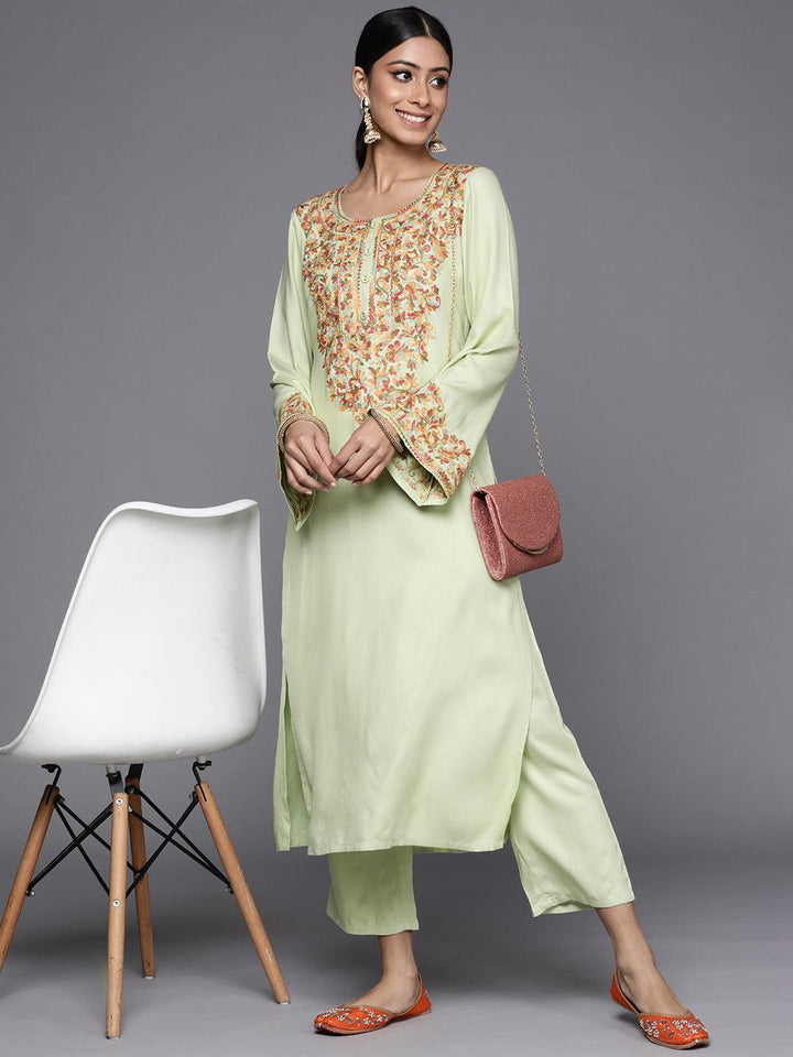 Green Solid Pashmina Wool Trousers