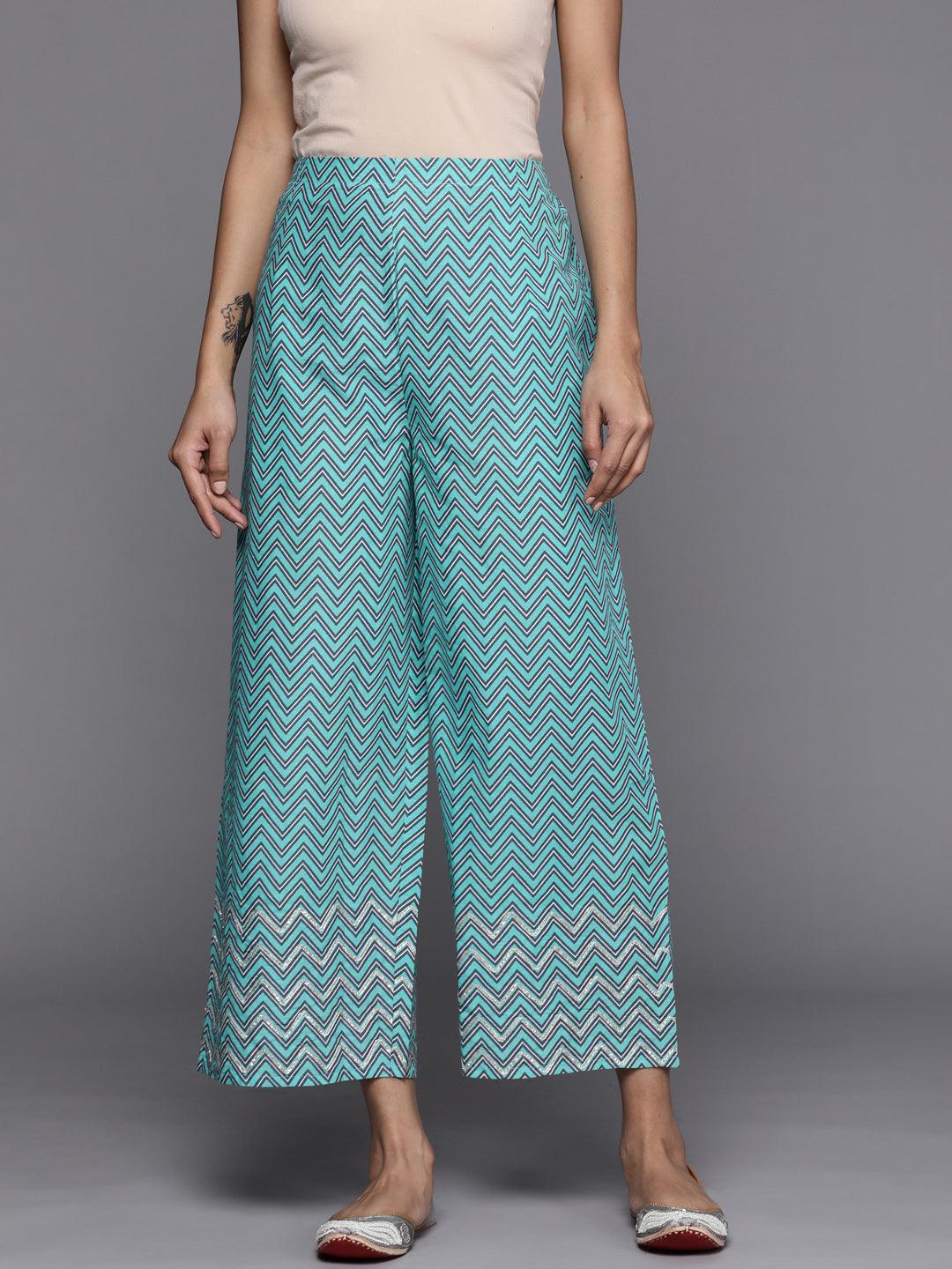 Blue Printed Cotton Palazzo - ShopLibas