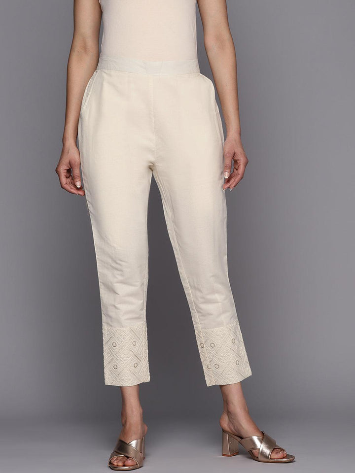 Off White Embroidered Cotton Trousers