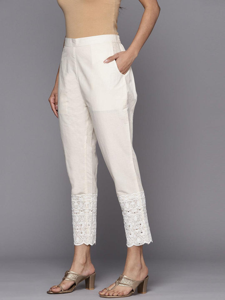 Off White Embroidered Cotton Trousers