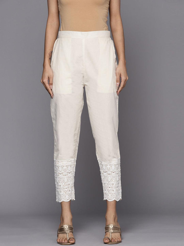 Off White Embroidered Cotton Trousers